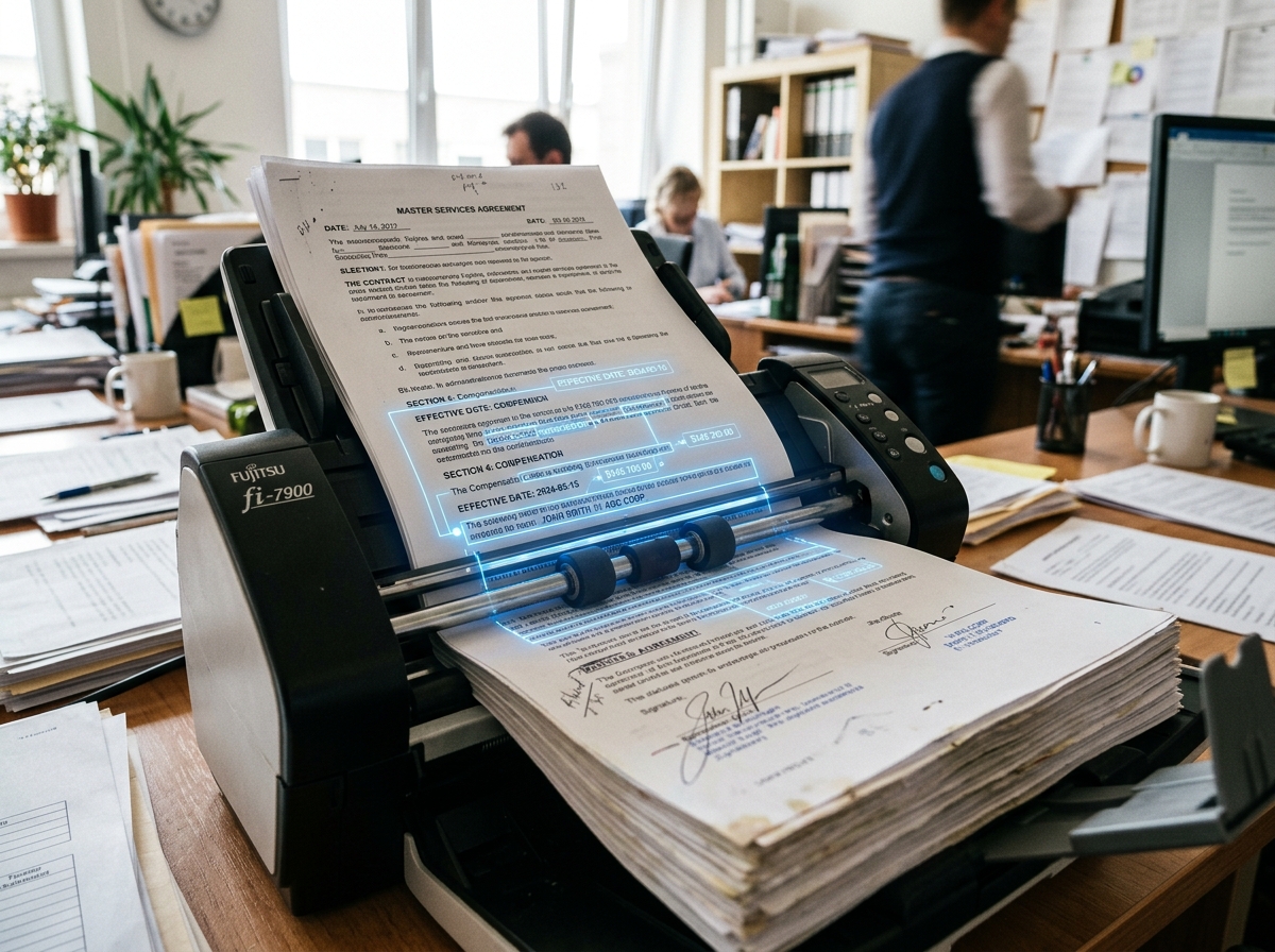 Scanner de alta velocidade processando um contrato físico com sobreposição digital de extração de dados.