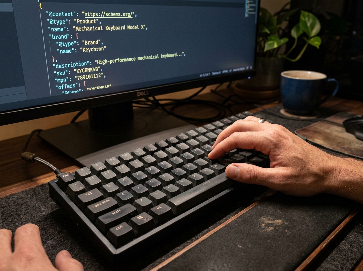 Close-up of a developer workstation showing structured data code.