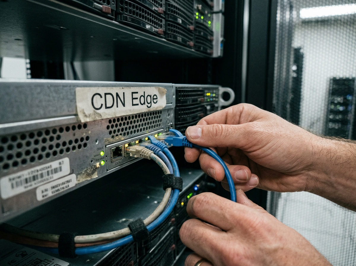 A technician working on a CDN edge server in a data center.