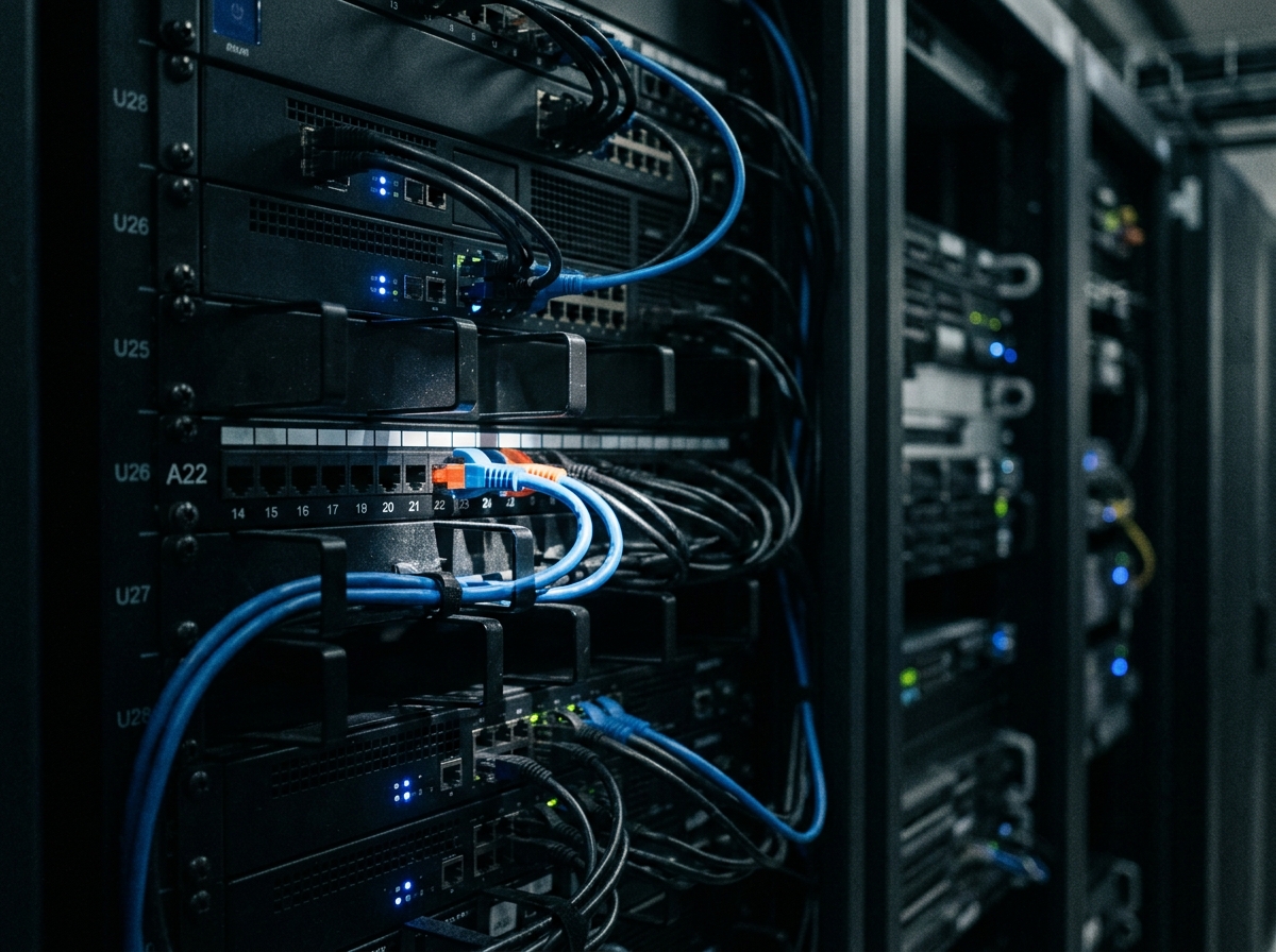 Server rack in a data center representing the infrastructure of a CDN.