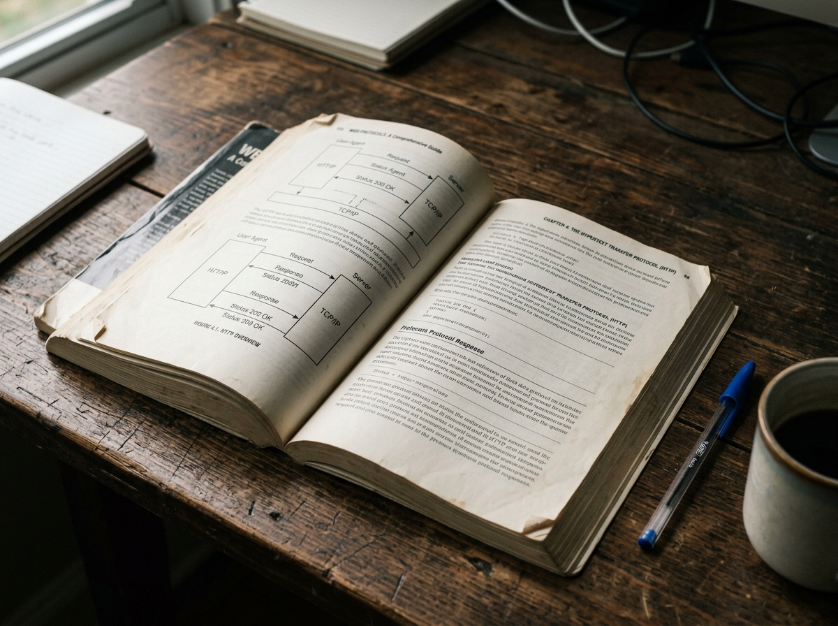 A printed technical manual for web protocols on a wooden table.
