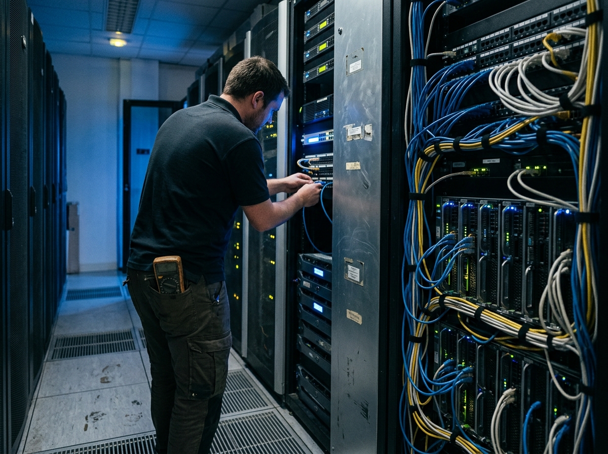A high-density server room with blue lighting.