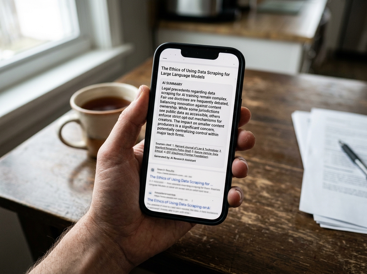 A smartphone displaying an AI search summary with citations.