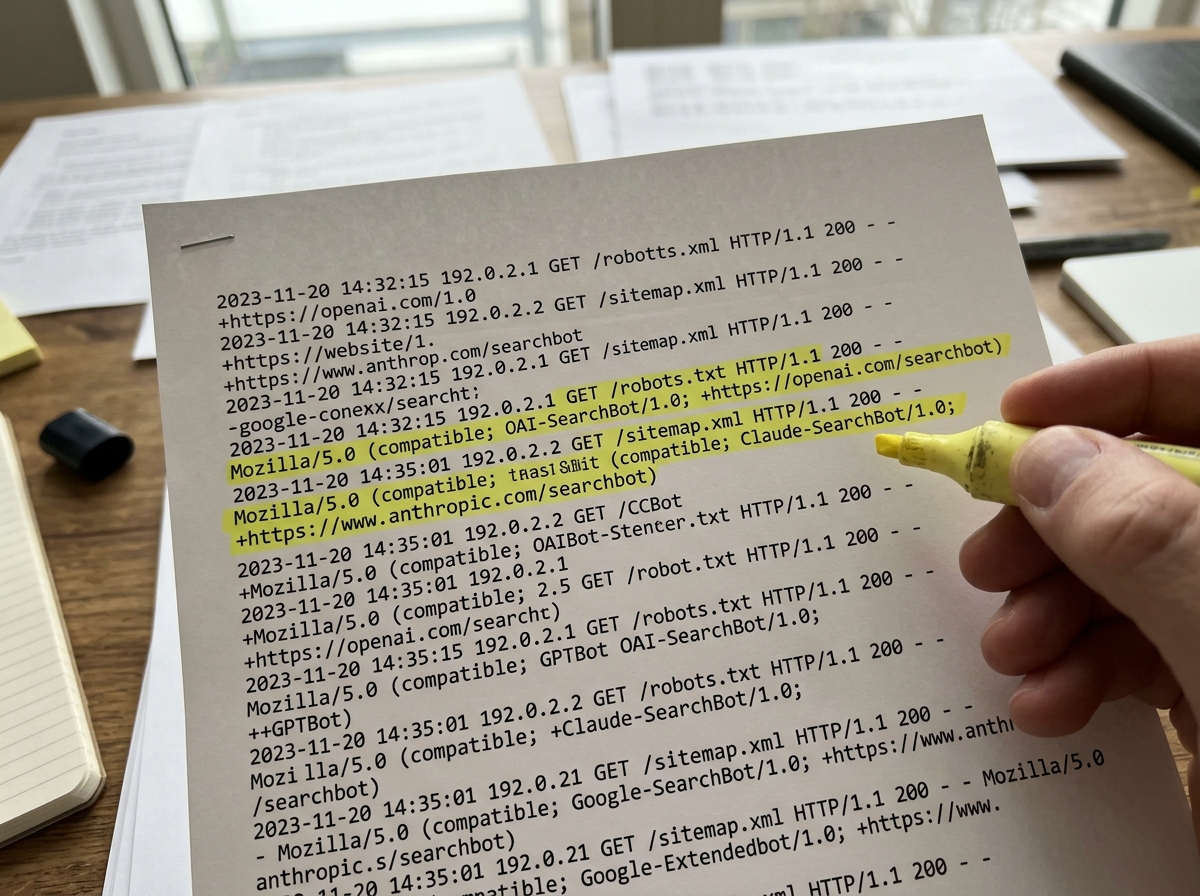 Printed server log showing AI crawler user agents.