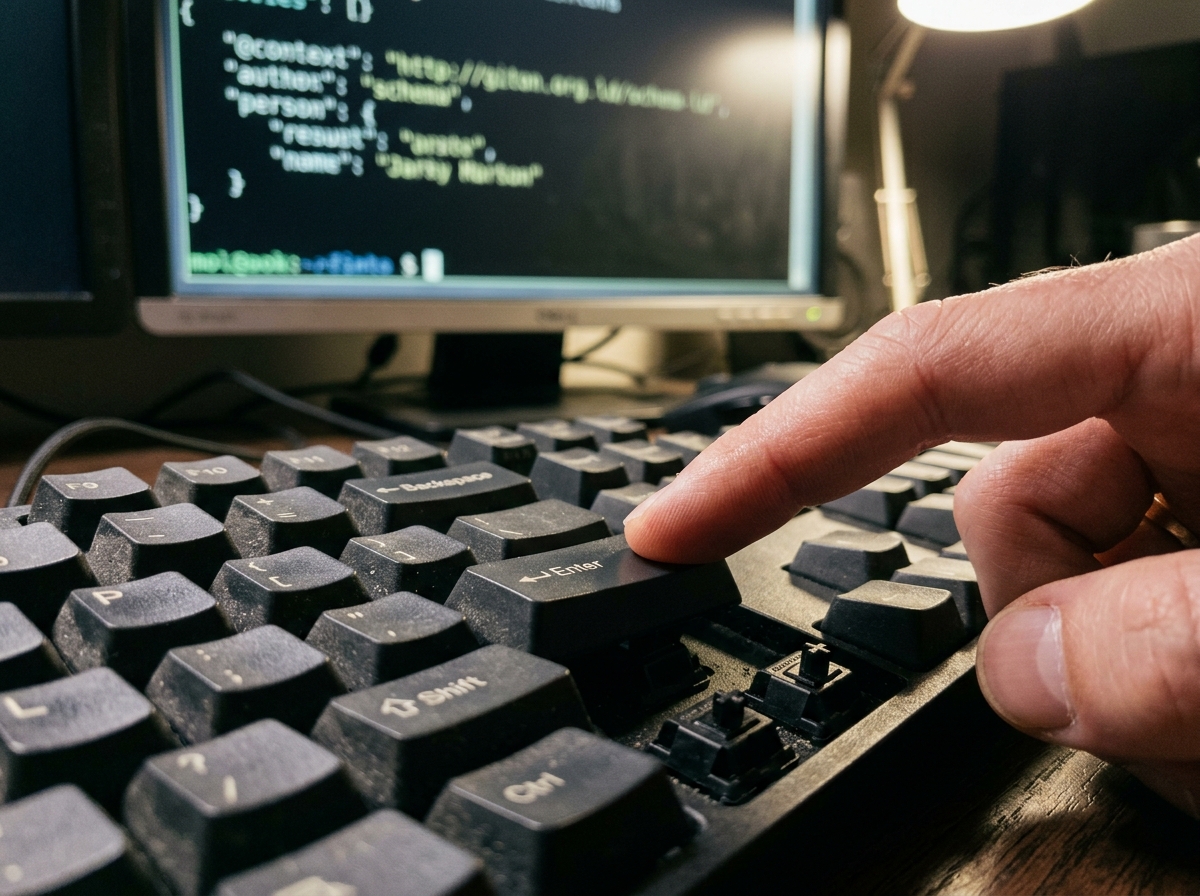 Developer typing JSON-LD code on a mechanical keyboard.