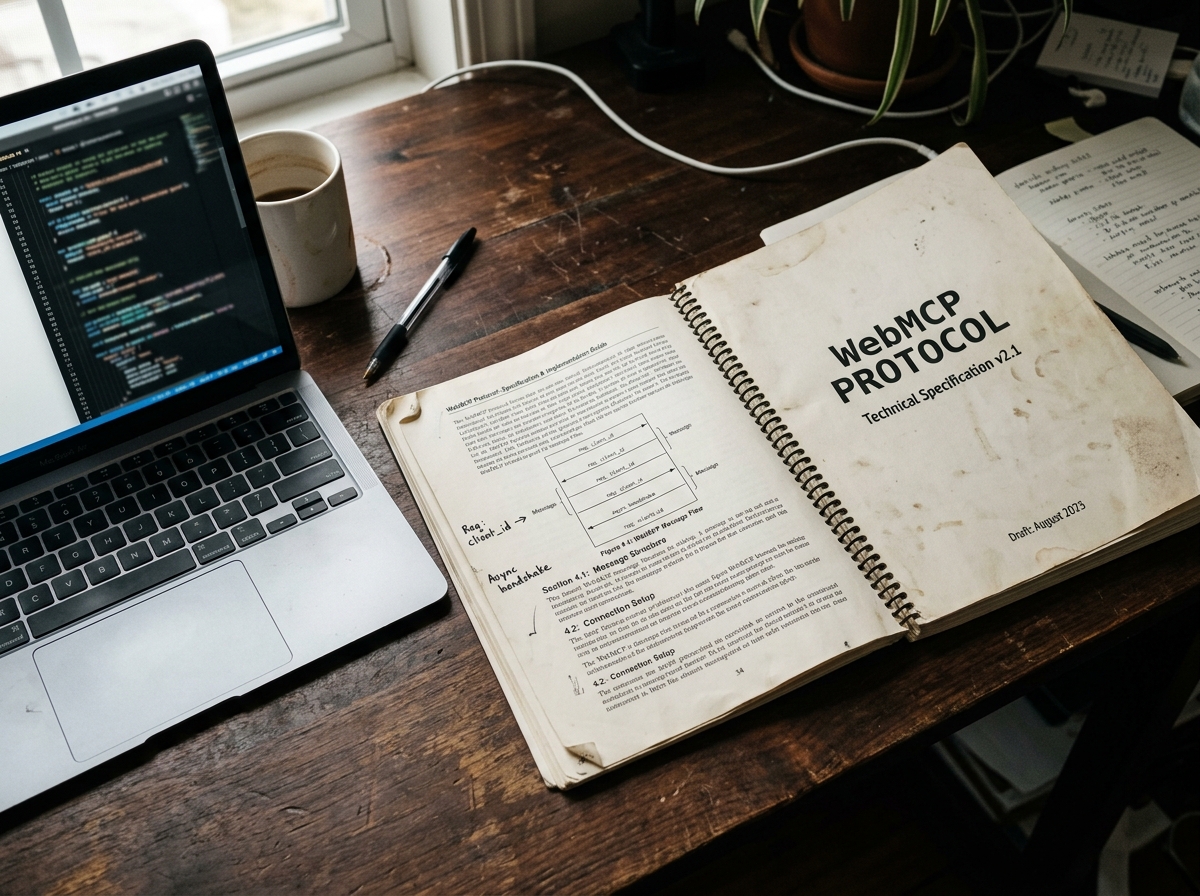 Technical manual for WebMCP protocol on a desk.
